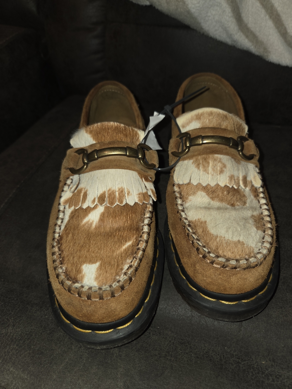 Dr. Martens Brown and White Cowhide Moccasin Loafers with Brass Bit